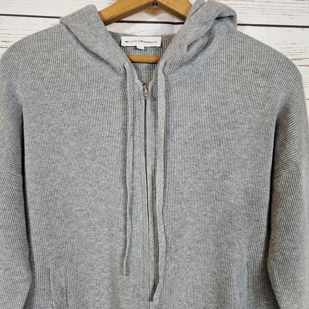 White + Warren | Gray Ribbed Knit Zip Up Hoodie - Picture 3 of 7